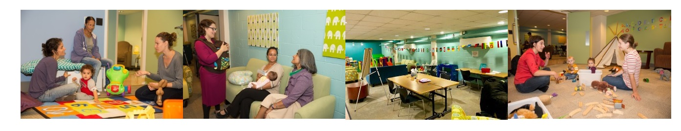 Collage of photos of families and rooms in the Family Center